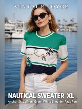 Vintage Joyce Nautical Sweater XL Anchor Ship Wheel Shoulder Pads Retro